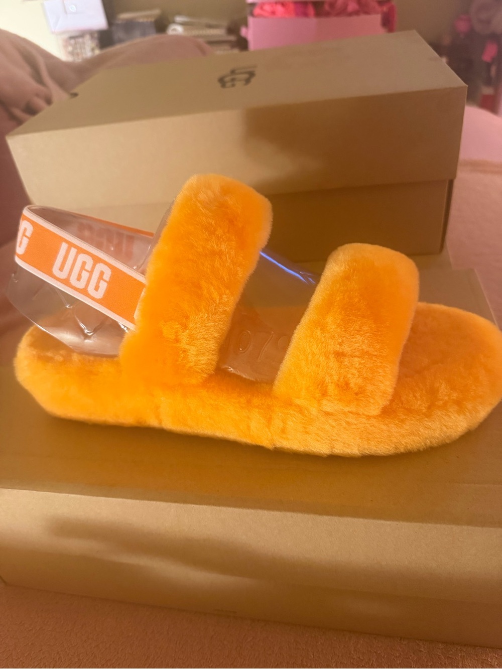 UGG women’s Fluff Double-Strap Slide in Vibrant Orange
